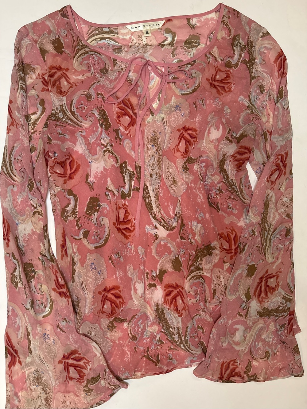 MAX STUDIO pink floral paisley Fairly flowy sheer belle sleeve blouse silk y2k